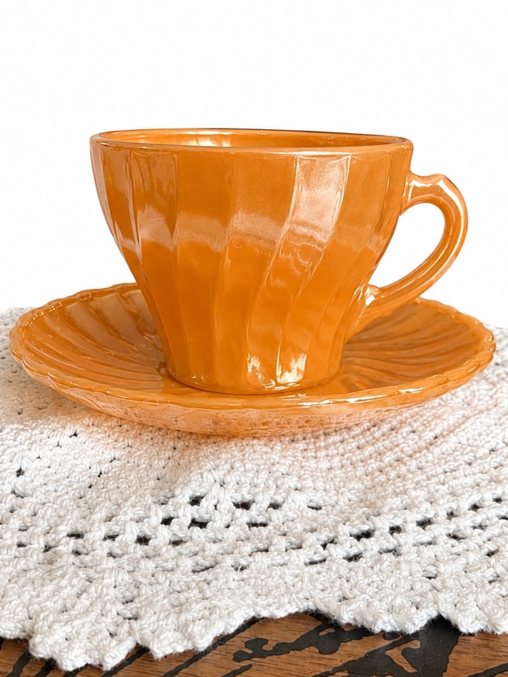 Vintage Fire-King Peach Lustre cup and saucer set by Anchor Hocking